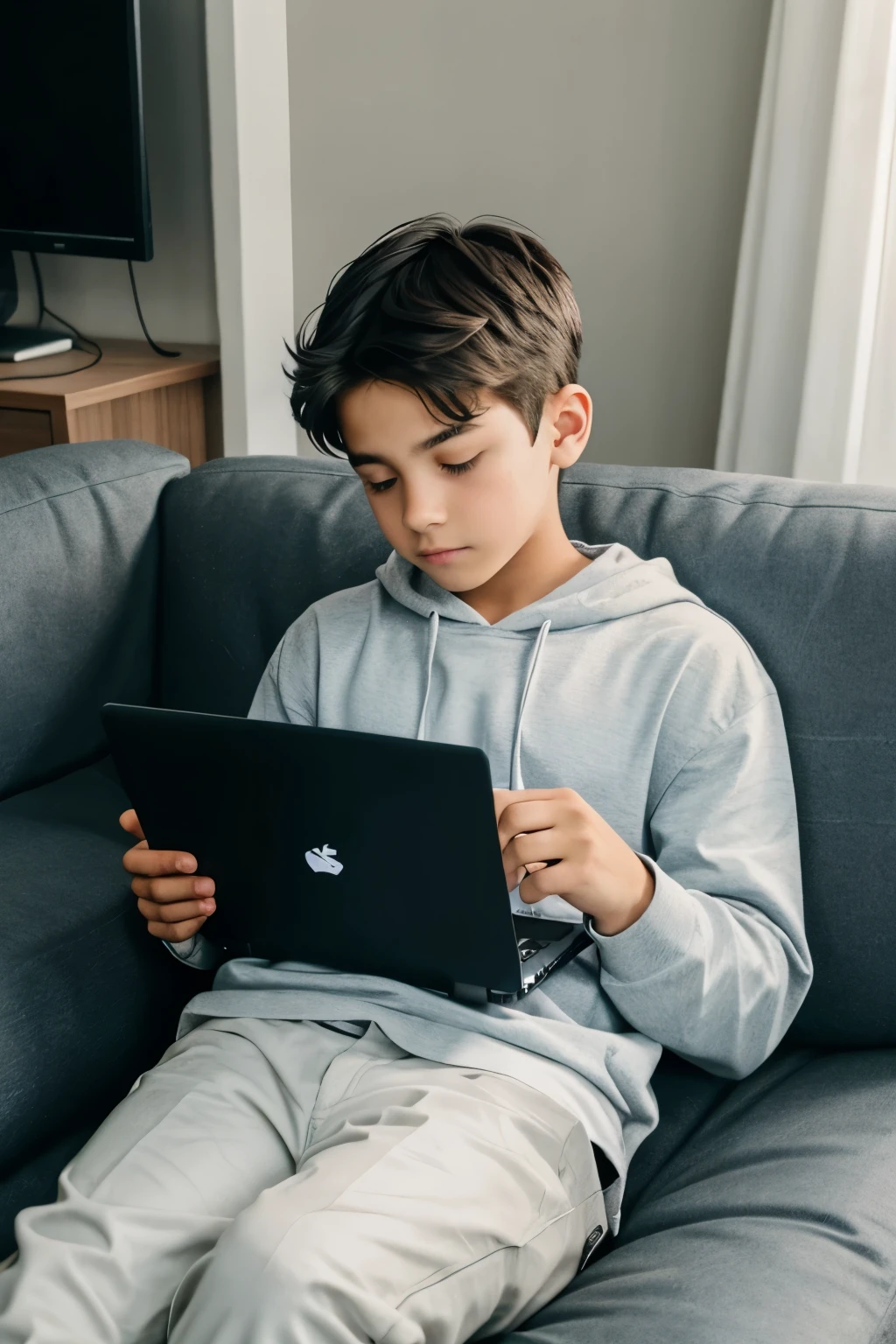 A boy editing on a laptop siting in a sofa and like a hacker 