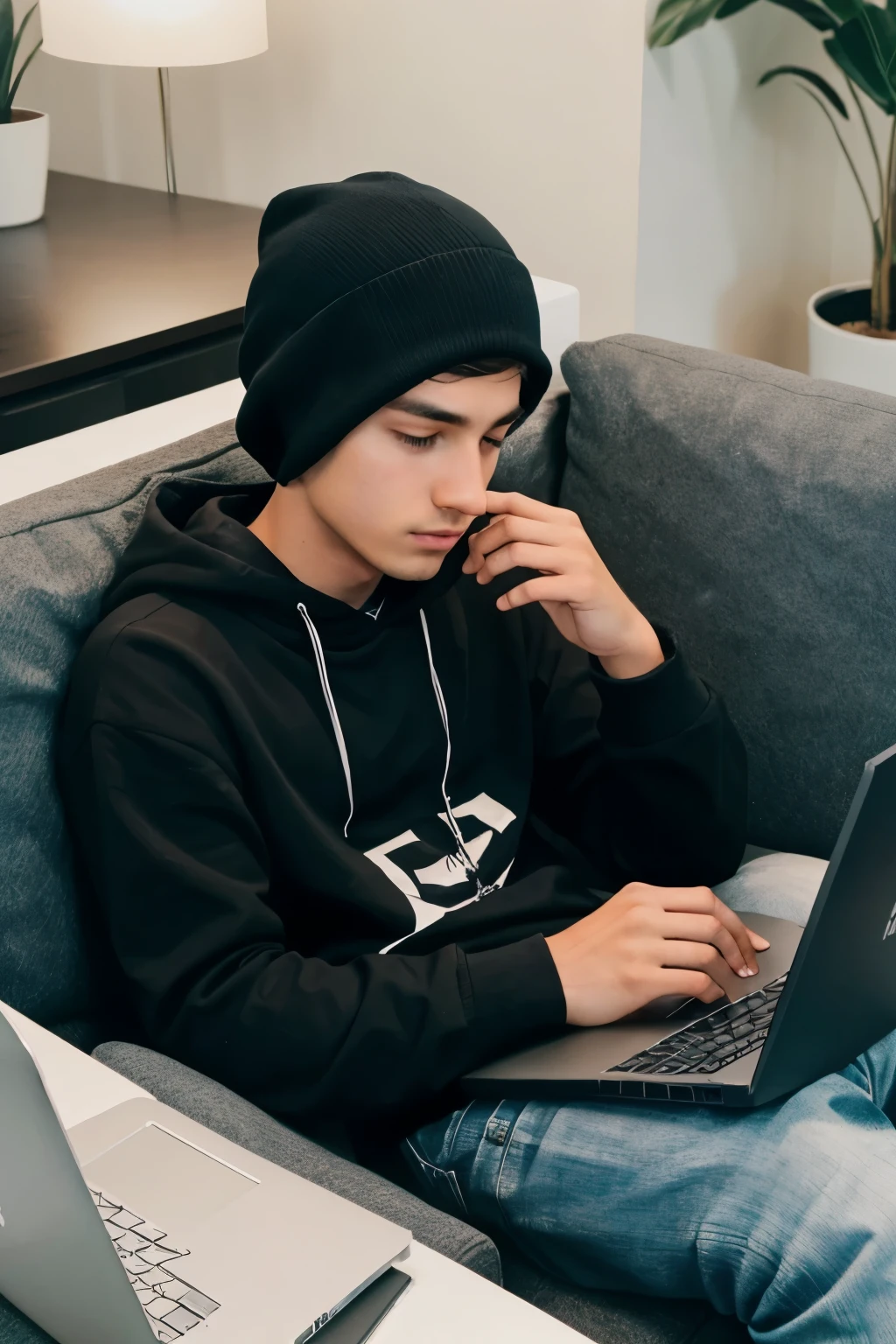 A boy editing on a laptop siting in a sofa and like a hacker