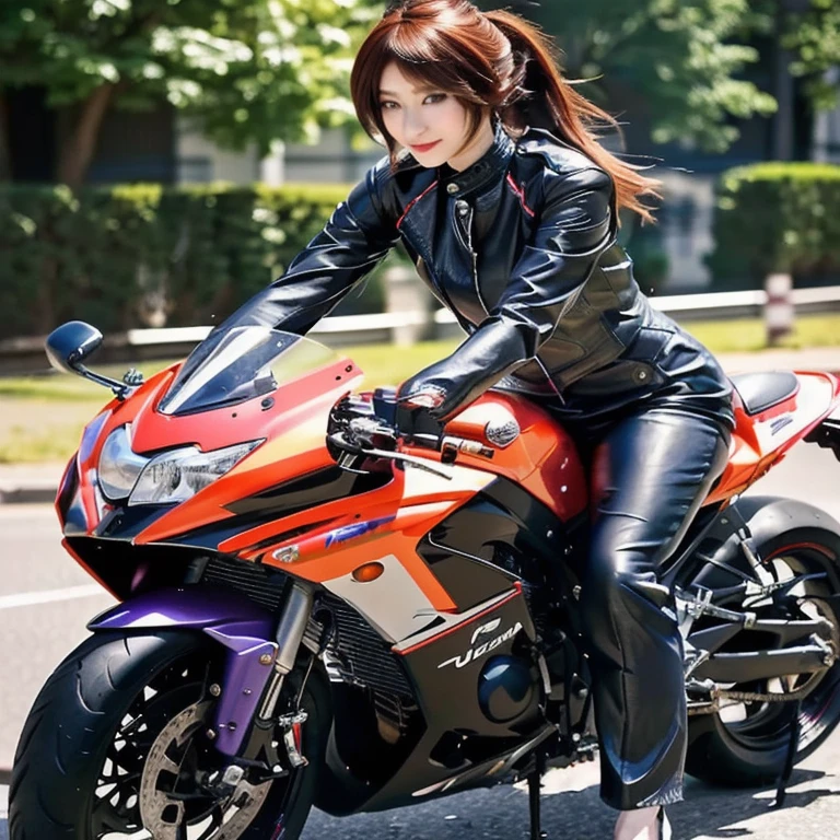 woman in leather jacket sitting on a motorcycle on the street, Wearing a leather biker outfit, motorcycle, riding a motorcycle, sitting on a motorcycle, motorcycles, Motorcycle, Sitting on a cyberpunk motorcycle, riding a motorcycle, Asuka, Ayaka cosplay, 🚿🗝📝, Kasumi Arimura Style 3/4, Russian mixed with Japanese