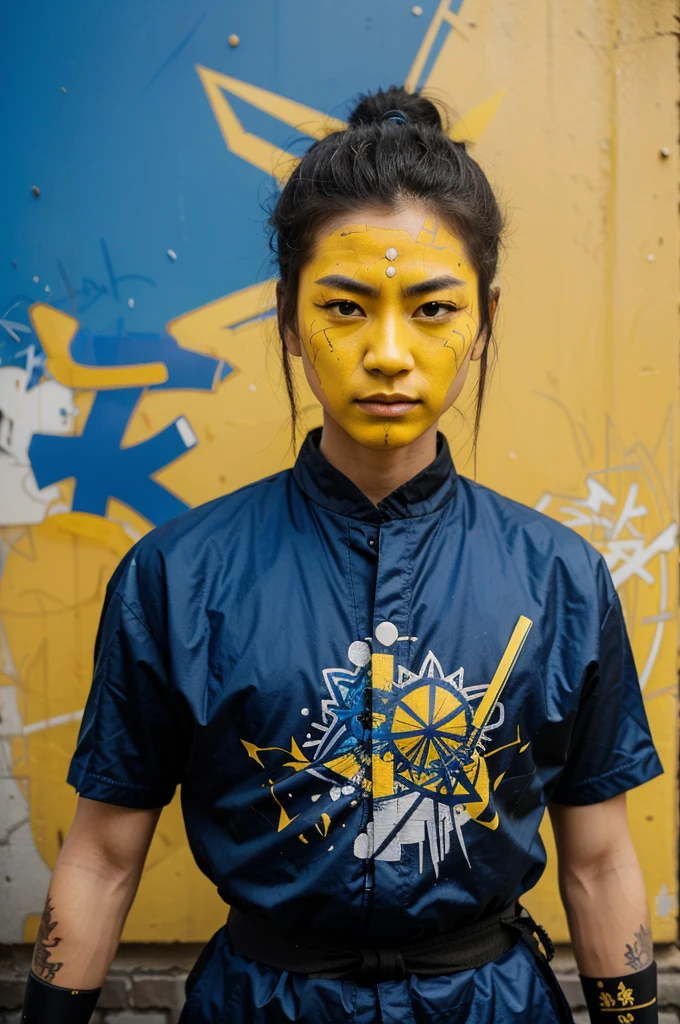 Samurai in Metaphysical Street Art style, with yellow and blue graffiti elements exploring metaphysical themes