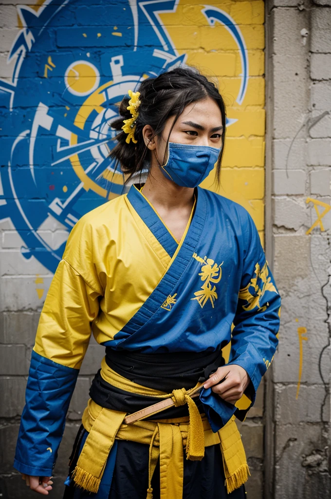 Samurai in Metaphysical Street Art style, with yellow and blue graffiti elements exploring metaphysical themes