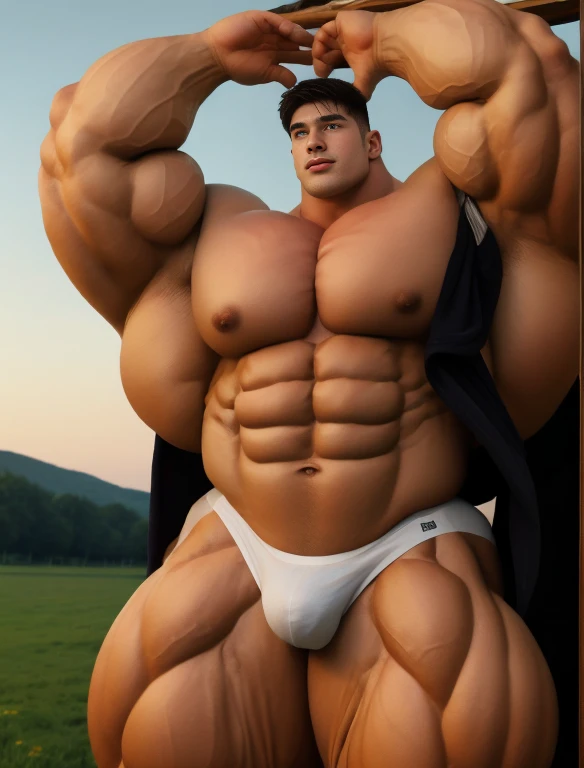 1boy, giant, bodybuilding pose, stand, illuminating light, strong body, bulk, large size, staring, armpit, fully-exposed, outdoor, at the countryside meadows, nude, white triangular underwear, prominent bulge, extraordinary big, brutalmass, giant, muscular body, bulk, buff, massive body, large meaty body size, extremely wide body