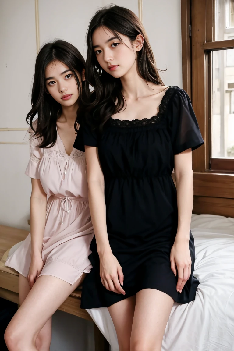 deux femmes ensemble de 18 ans sexy et mince , black short sleeve nightdress , jambe visible , se touche,salle de classe