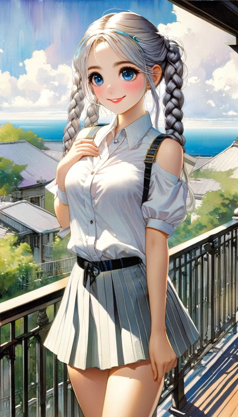 masterpiece, best quality, ultra-detailed, illustration, beautiful detailed eyes, 1girl, 22 years old, twin braided platinum hair, detailed balcony scenery, open chemise shirt, sunlight, cloudy sky, bigchests, microskirt, shy, smiling, full-face blush, heart-shaped pupils, add_detail:1, add_detail:0, add_detail:0.5, crop shirt, crop top (art inspired by Bill Sienkiewicz). oil painting)
