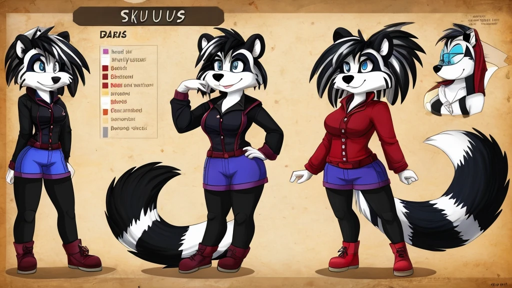 Two female skunks wearing clothes.
cartoon style, character reference sheet