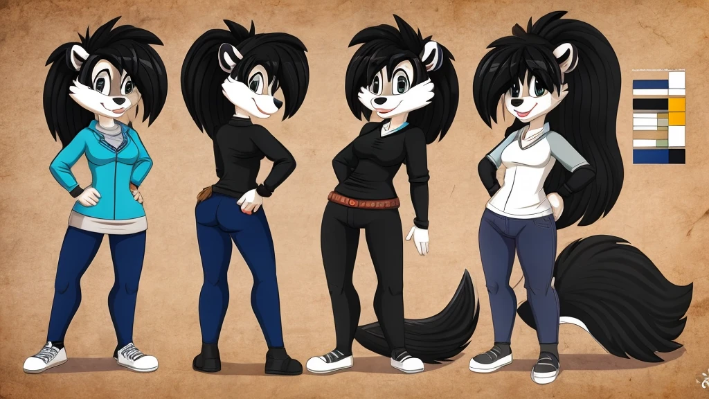 Two female skunks wearing clothes.

cartoon style, character reference sheet