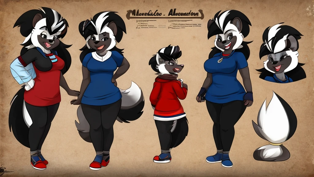 Two female skunks wearing clothes.
cartoon style, character reference sheet
