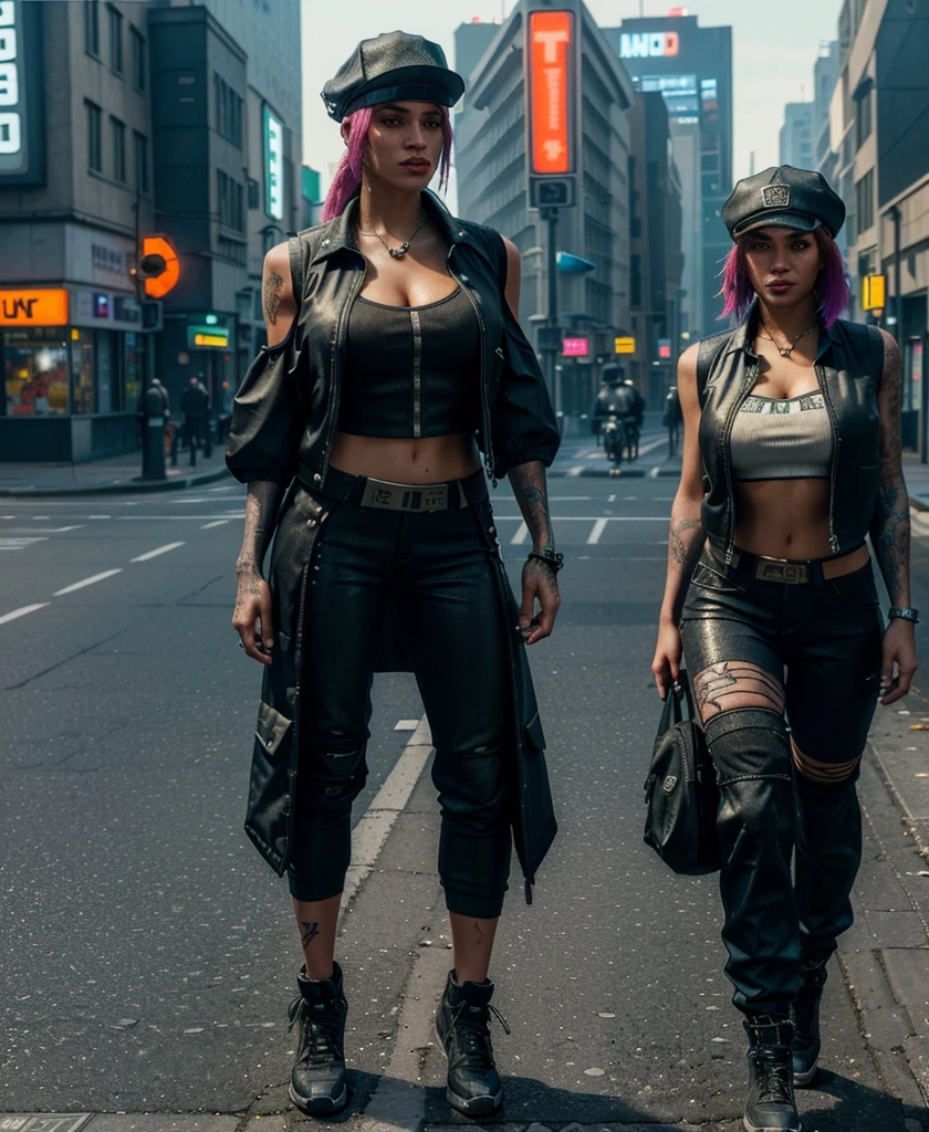 there is a woman in a vest and hat standing in the street, full body shot hyperdetailed, highly detailed character, highly detailed clothing, realistic clothing, highly detailed full body, cyberpunk street goon, fashion gameplay screenshot, gta character, high detail iconic character, model is wearing techtical vest, gta 6 style, hyper realistic content, photo-realistic low lighting