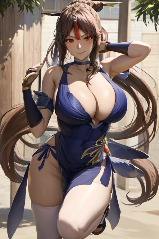 masterpiece, best quality, beautiful art, high resolution, well formed hands, body and fingers, 1 woman, solo, Ningguang, hair ornament, adult, grown up, big breasted, cleavage, full body, braided long hair, blue_kunoichi_dress, wearing DOA Kasumi's blue kunoichi dress, sleeveless, white stockings, gorgeous legs and thighs, fighting in a combat match, showing her fighting skills, making her guard, about to hit the viewer, looking at the viewer, sweating, bouncing breasts, smiling joyfully and brightly, being confident and proud, action and fighting scene, martial arts arena with beach environment