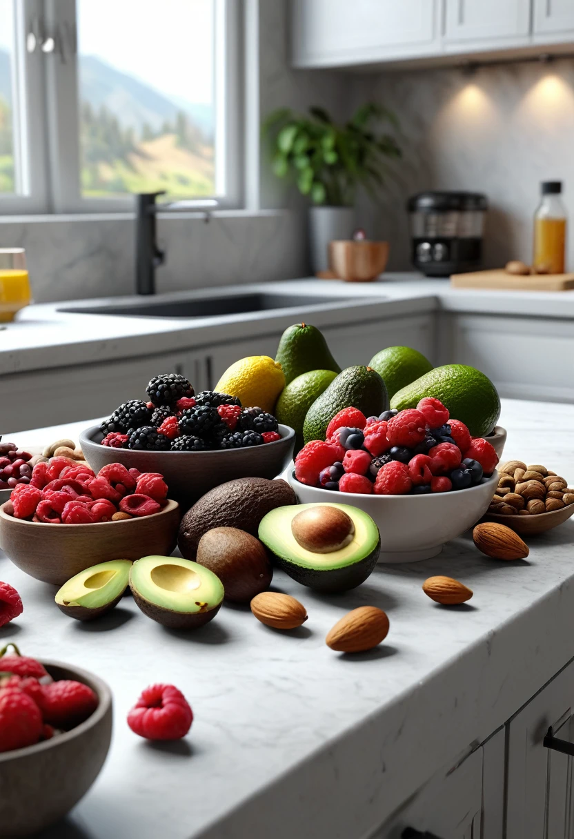 a shot of a kitchen counter with a variety of nuts, berries, and avocados arranged beautifully, a cozy kitchen background, photography, illustration, 3d render, ultra hd detail, sharpen details, painting, Digital painting, Cinematic, Hyper-detailed, insane details, Beautifully color graded, Unreal Engine, DOF, Super-Resolution, Megapixel, Cinematic Lighting, Anti-Aliasing, FKAA, TXAA, RTX, SSAO, Post Processing, Post Production, Tone Mapping, CGI, VFX, SFX, Insanely detailed and intricate, Hyper maximalist, Hyper realistic, Volumetric, Photorealistic, ultra photoreal, ultra-detailed, intricate details, 8K, Super detailed, Full color, Volumetric lighting, HDR, Realistic, Unreal Engine, 16K, Sharp focus, —v testp