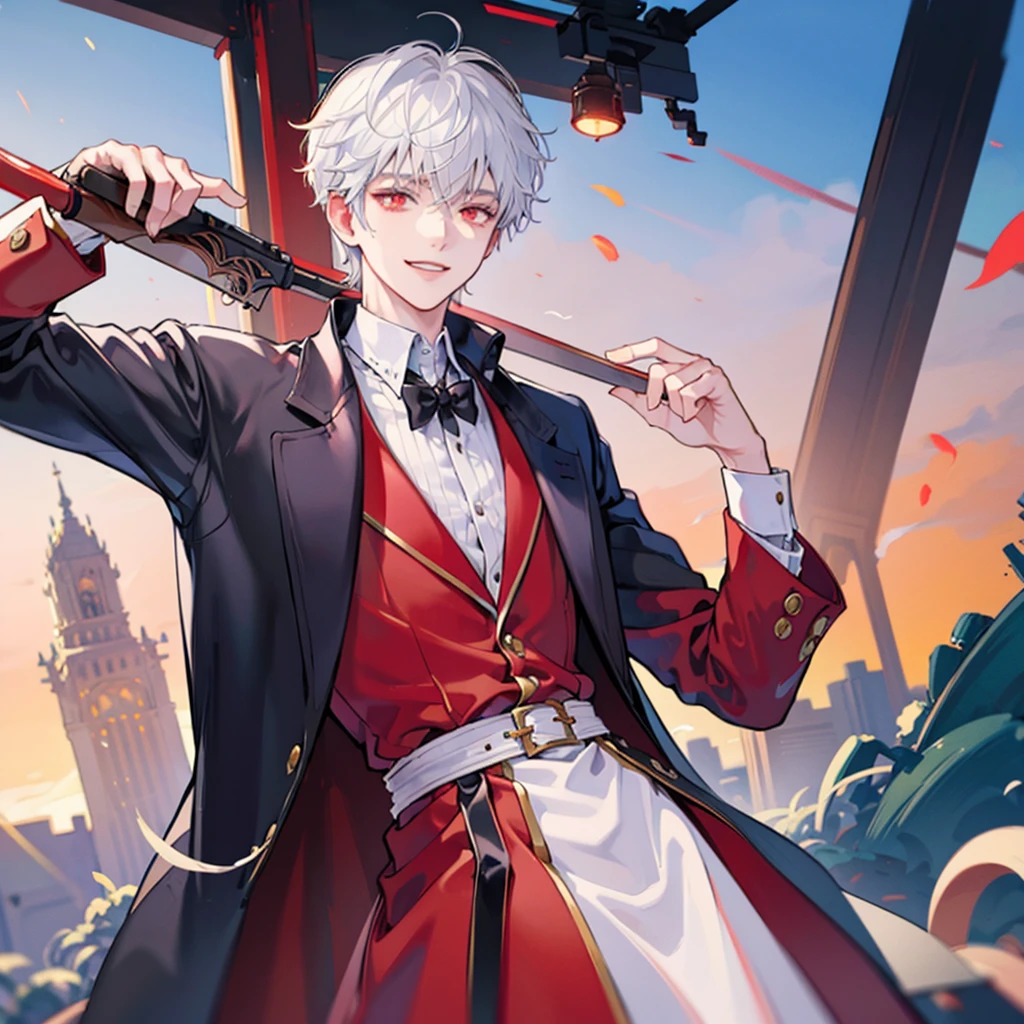 A solo cat boy, With white hair, red eyes, smiling photo pose , wearing jacket, bust up!!!!!!!!!,cute boy