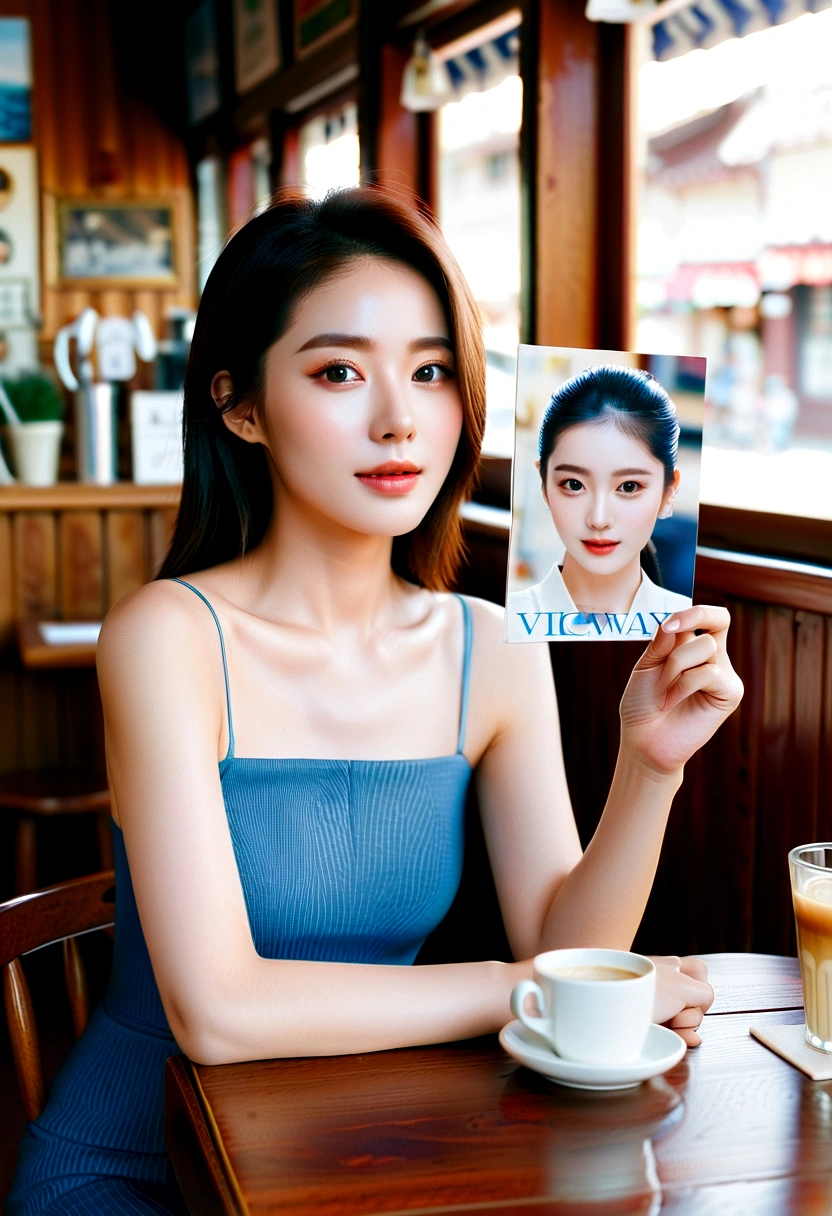 Leegahyeon Korean woman sitting at a table in a cafe holding a photo of sunlight from the cafe window, hair blue, dynamic pose, texture skin, pale skin, shining skin, (Scrawny, mic:1.2), [:(sharp focus on face, face detailed, perfects eyes, view the viewer:1.2):0.2], photorrealistic, Film grain, best qualityer, work of art