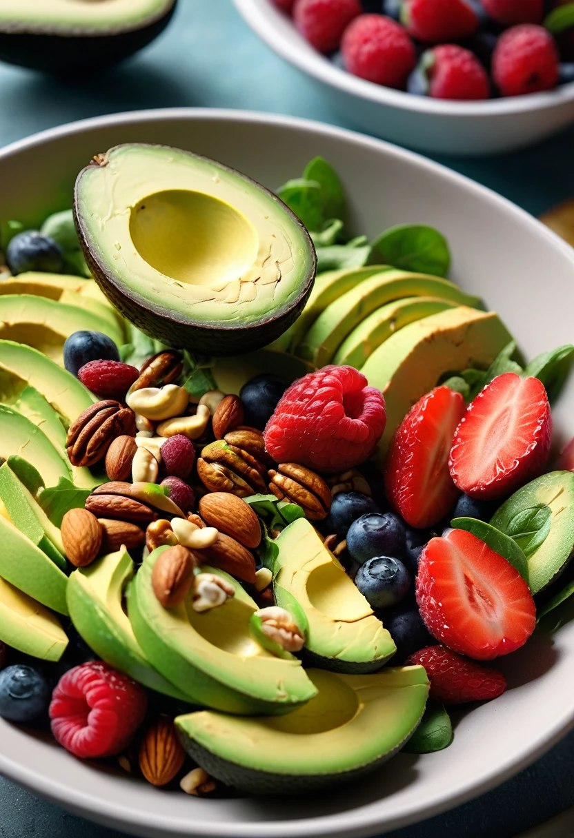 a close-up shot of a colorful salad with avocados, berries, and nuts in a bowl, a cozy kitchen background, photography, illustration, 3d render, ultra hd detail, sharpen details, painting, Digital painting, Cinematic, Hyper-detailed, insane details, Beautifully color graded, Unreal Engine, DOF, Super-Resolution, Megapixel, Cinematic Lighting, Anti-Aliasing, FKAA, TXAA, RTX, SSAO, Post Processing, Post Production, Tone Mapping, CGI, VFX, SFX, Insanely detailed and intricate, Hyper maximalist, Hyper realistic, Volumetric, Photorealistic, ultra photoreal, ultra-detailed, intricate details, 8K, Super detailed, Full color, Volumetric lighting, HDR, Realistic, Unreal Engine, 16K, Sharp focus, —v testp