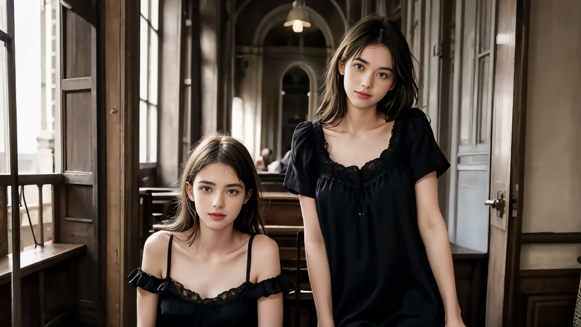 deux femmes ensemble de 18 ans sexy et mince , black short sleeve nightdress , jambe visible , se touche,salle de classe