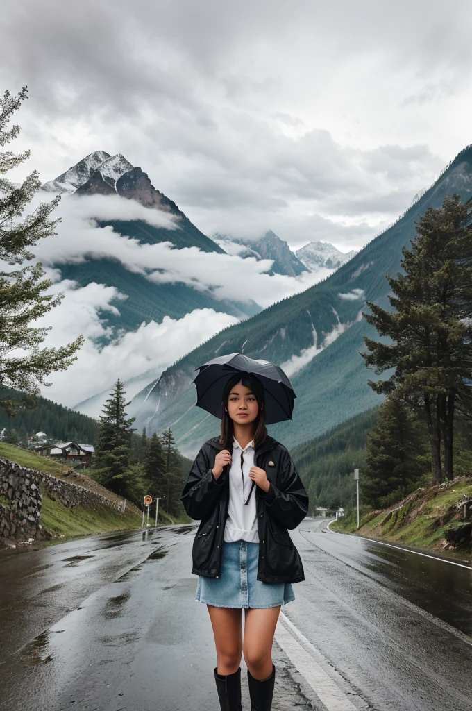 A girl standing in a road where there is trees on both the sides and mountains could be seen far away in a rainy weather and has put down her umbrella and is facing the mountains in the front
