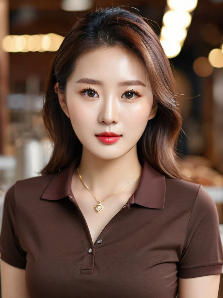 Close-up of a beautiful Korean woman, 38 inch chest size, Wear a well-fitting polo shirt, necklase, At the chocolate factory, background bokeh , High definition