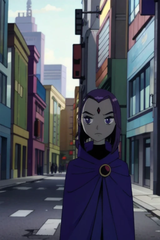 raven (dc), purple eyes,  grey skin, forehead jewel, blue. cape, blue cloak, no hands