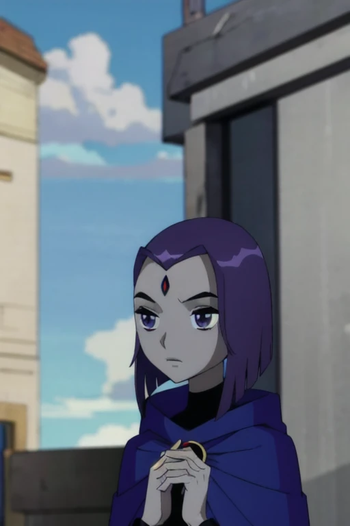 raven (dc), purple eyes, grey skin, forehead jewel, blue. cape, blue cloak, no hands