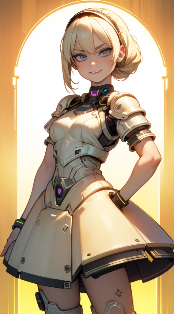 Unparalleled beauty, Glossy and firm skin, Light blonde hair, Beautiful and nice girl,kindly smile,Short hair,french braid hair, (best quality,4k,8k,highres,masterpiece:1.2),ultra-detailed,(realistic,photorealistic,photo-realistic:1.37),futuristic female cyborg,portrait style,metallic material,glowing blue eyes,sharp facial features,fierce expression,mechanical body parts,digitally hienhanced long hair,futuristic armor,high-tech visor,powerful and confident stance,dystopian background,neon lights,colorful holographic projections,sci-fi lighting