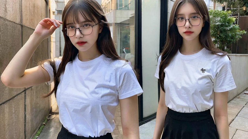 Full body photo of beautiful girl, russian girl, cute girl, good looking girl, 20 years old, school girl, wear white shirt, untidy shirt, messy shirt, untucked white shirt, black pants, wear black glasses, wear watch, ultra details.