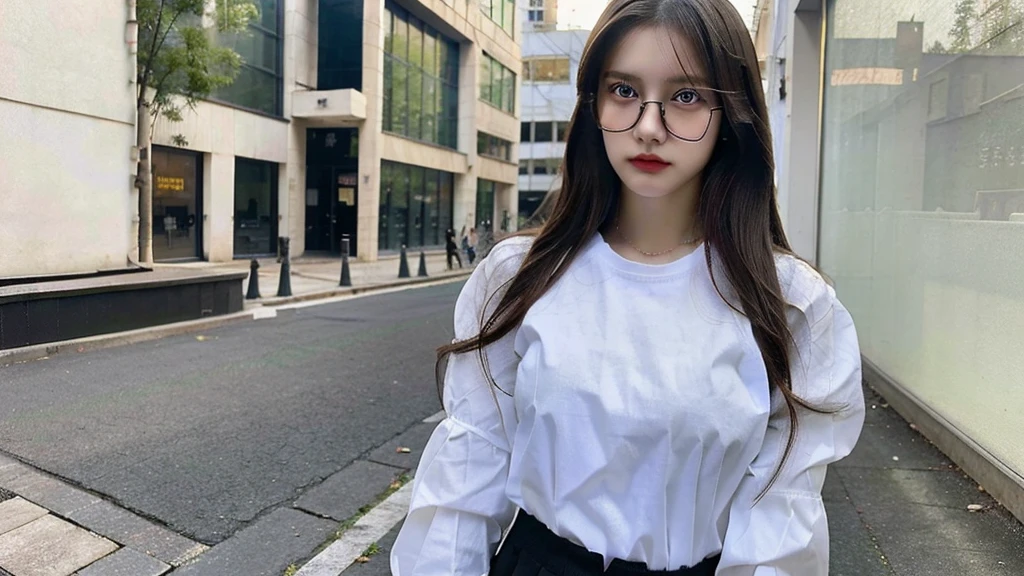 Full body photo of beautiful girl, russian girl, cute girl, good looking girl, 20 years old, school girl, wear white shirt, untidy shirt, messy shirt, untucked white shirt, black pants, wear black glasses, wear watch, ultra details.