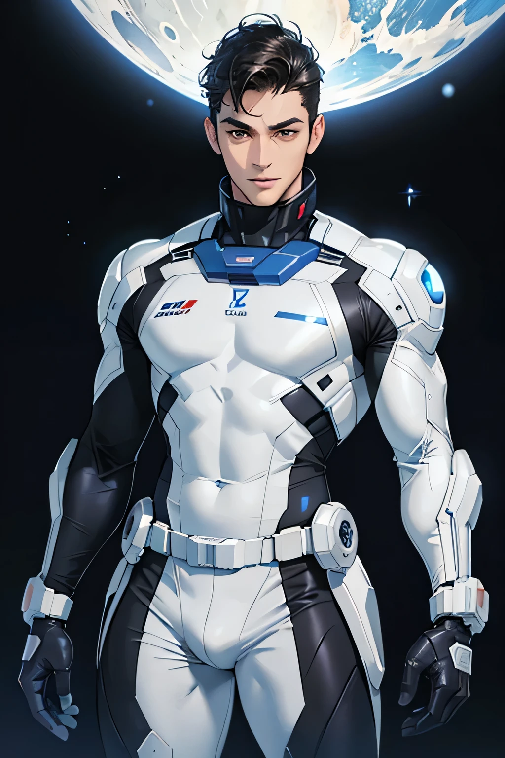 Handsome 28 year old cyborg 　Brown Eyes　future　universe　Science fiction　The background is the galaxy universe　A very tight white and blue rubber suit　Plug Suit　Gloves　looking at the camera　White bulge　Very short, cropped black hair Male slim muscular man　Big bulge Big ass