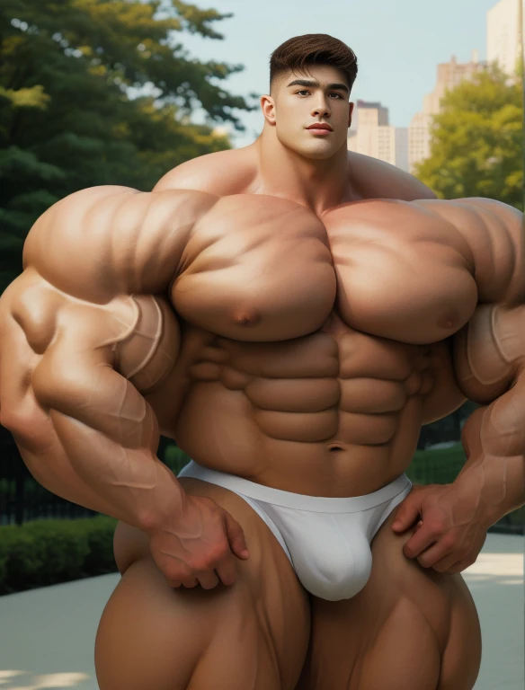 1boy, giant, bodybuilding pose, stand, illuminating light, strong body, bulk, large size, staring, fully-exposed, outdoor, at the Central Park, nude, white triangular underwear, prominent bulge, extraordinary big, brutalmass, giant, muscular body, bulk, buff, massive body, large meaty body size, extremely wide size
