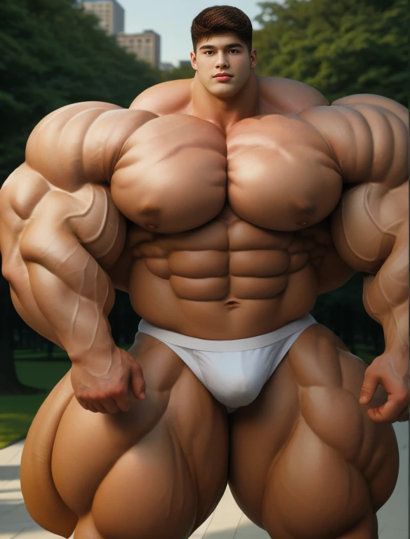 1boy, giant, bodybuilding pose, stand, illuminating light, strong body, bulk, large size, staring, fully-exposed, outdoor, at the Central Park, nude, white triangular underwear, prominent bulge, extraordinary big, brutalmass, giant, muscular body, bulk, buff, massive body, large meaty body size, extremely wide size