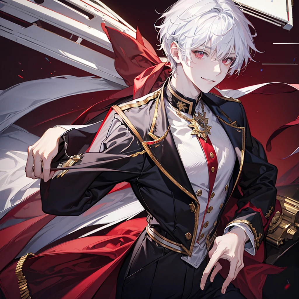A solo cat boy, With white hair, red eyes, smiling photo pose , wearing jacket, bust up!!!!!!!!!,cute boy