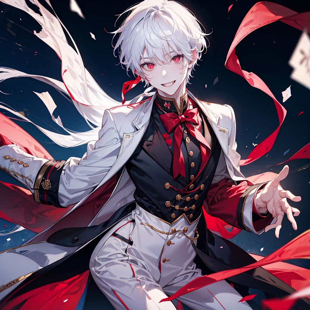 A solo cat boy, With white hair, red eyes, smiling photo pose , wearing jacket, bust up!!!!!!!!!,cute boy