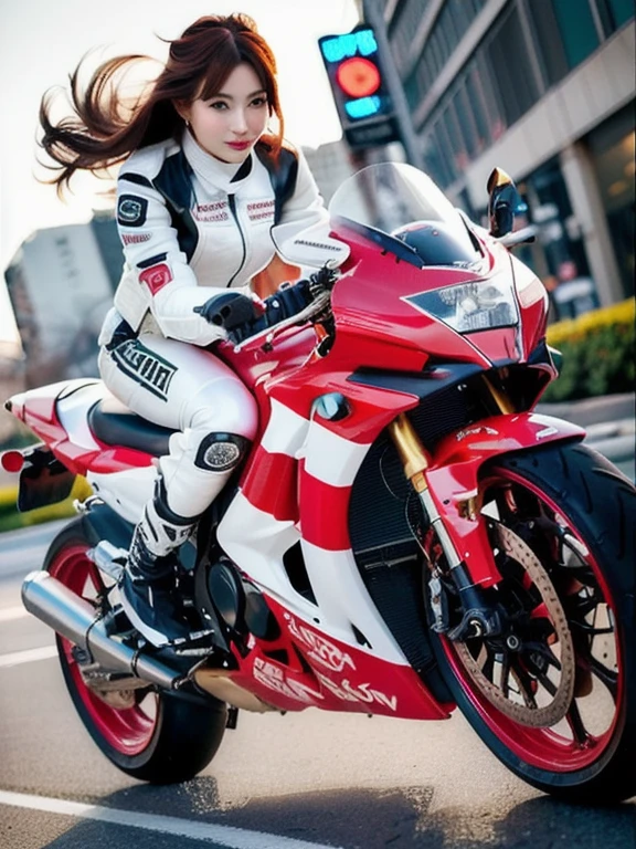 woman in leather jacket sitting on a motorcycle on the street, Wearing a leather biker outfit, motorcycle, riding a motorcycle, sitting on a motorcycle, motorcycles, Motorcycle, Sitting on a cyberpunk motorcycle, riding a motorcycle, Asuka, Ayaka cosplay, 🚿🗝📝, Kasumi Arimura Style 3/4, Russian mixed with Japanese