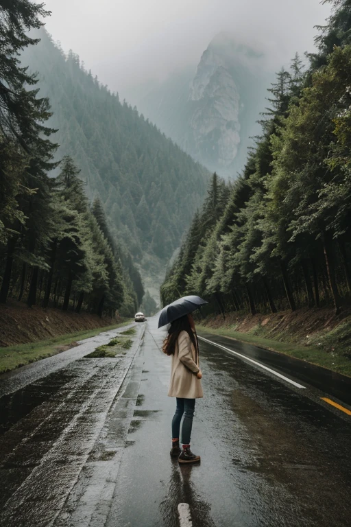 A girl standing in a road where there is trees on both the sides and mountains could be seen far away in a rainy weather was his put down her umbrella