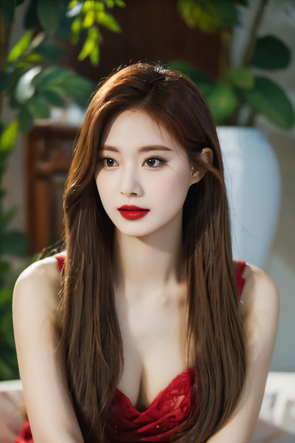 "Create a high-quality image featuring a woman with red hair, fair skin, and impeccable red lipstick application, embodying an elegant and sensual aesthetic. The lighting should be skillfully arranged to play with light and shadow, enhancing her facial features and providing a glamorous atmosphere. The woman should be dressed in a high-fashion piece, such as a long red dress with refined visual details like lace or embroidery, captured by the camera with precision. The depth of field should be carefully adjusted to emphasize the protagonist, while the blurred background adds an artistic touch to the composition. Utilize camera effects like soft bokeh and a carefully chosen color palette to craft a visually stunning and captivating image."