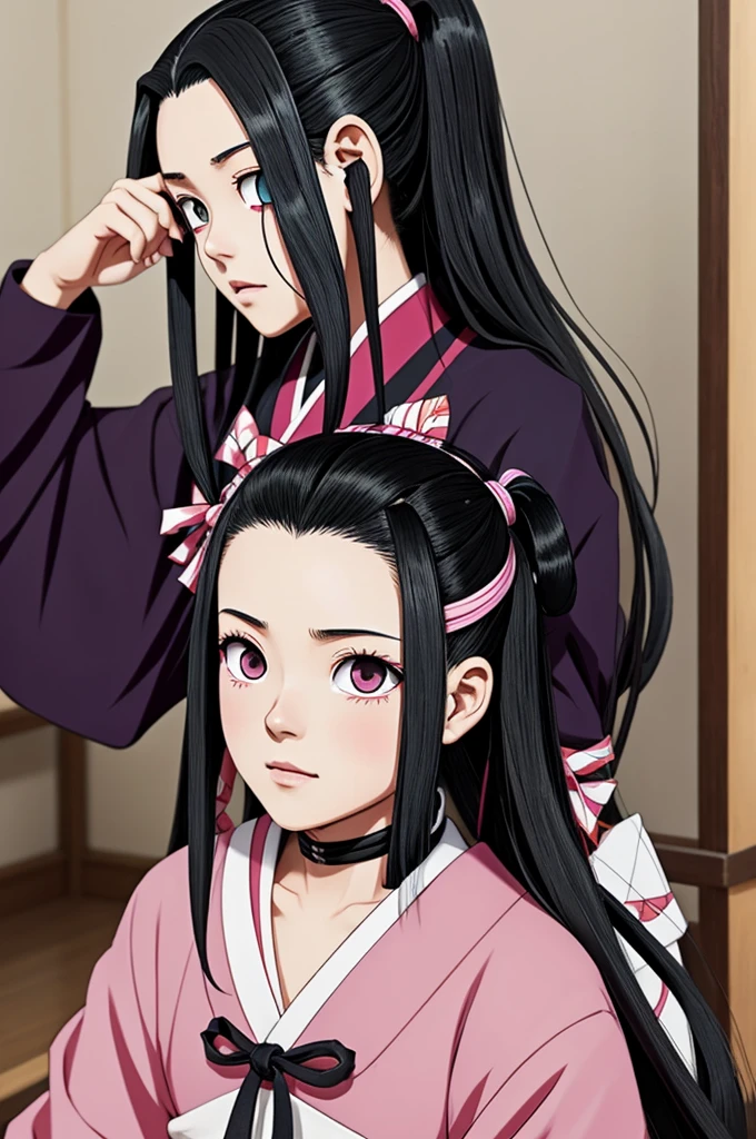 Nezuko from kimetsu no yaiba sitting behind the back of shinobu male version who is combing her hair 