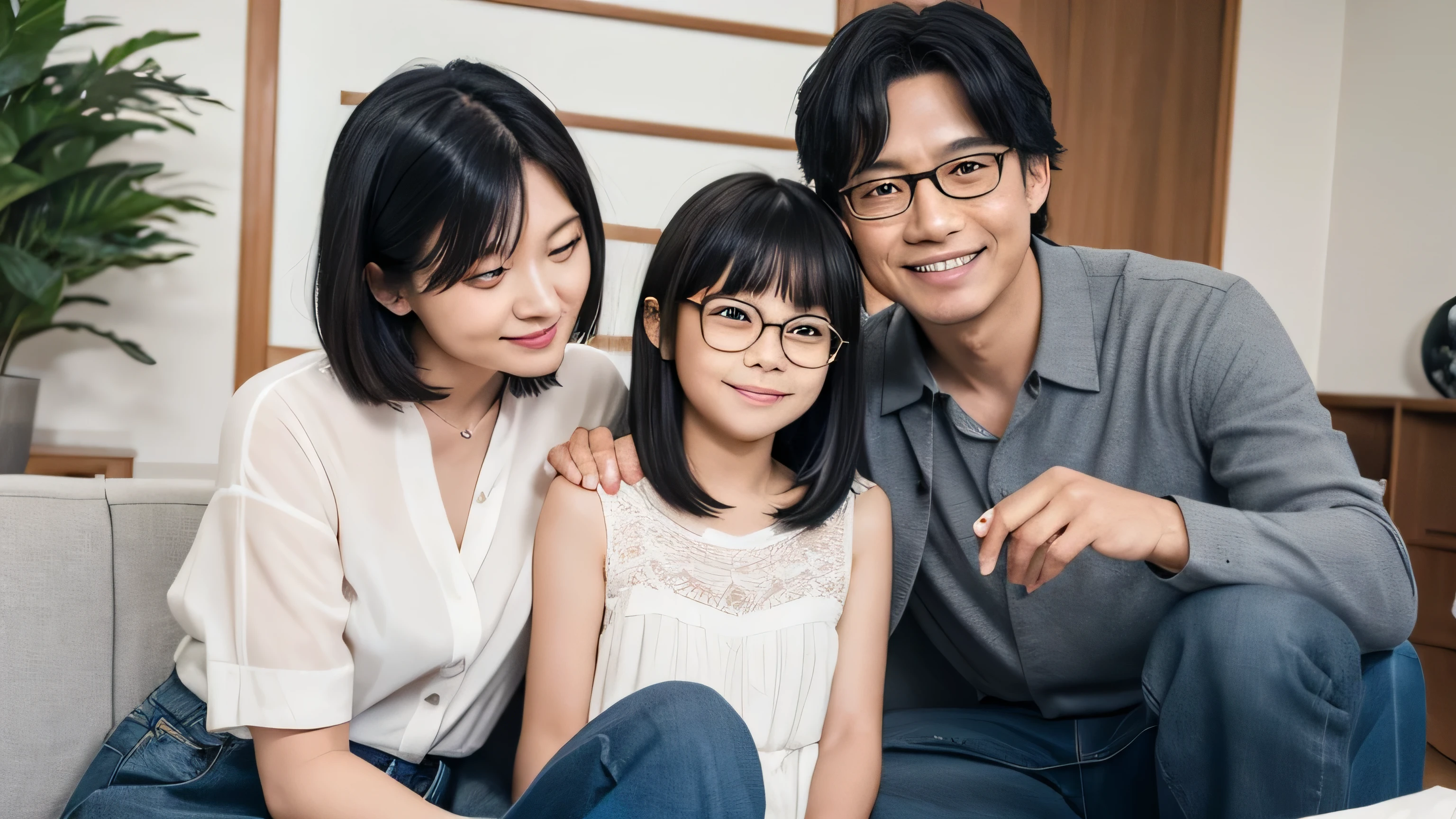 A Japanese family consisting of a 54-year-old husband, a 35-year-old wife, and their 13-year-old daughter. The husband has short black hair with some gray strands, wearing glasses and a casual shirt with jeans. The wife has long, straight black hair, wearing a stylish blouse and skirt. The daughter has shoulder-length black hair, wearing a with a blazer. They are posing together in a modern, cozy living room with Japanese decor. The family is smiling warmly, conveying a sense of closeness and happiness. High-quality, ultra-realistic 8K resolution, perfect faces, detailed expressions, professional artwork, masterpiece, clean, and beautiful lighting.