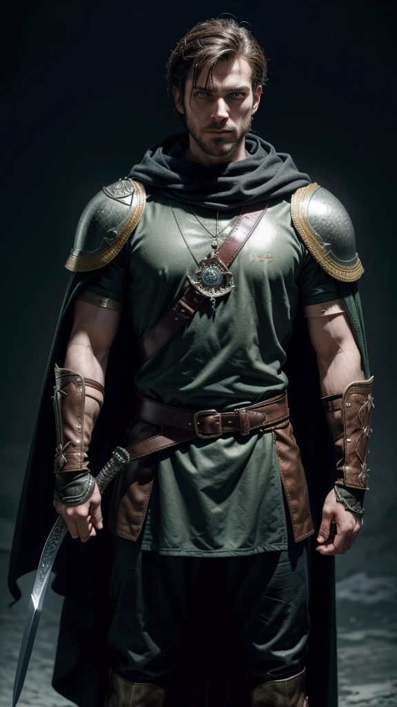 create an ultra realistic high definition image of a medieval character, his clothing is armor that mixes metal, leather and embossed details, the armor covers his torso and arms, he also wears a green cape with a hood, the inside of the cape It is lighter flowing backwards from the character's shoulders; he wears dark gloves.  the character holds a falcon on his left forearm protected by a falconry glove, and in his right hand he wields a sword with a straight and sharp blade, suggesting that it is a long and traditional sword.  The background of the image has a dark texture with a light that prioritizes the character's characteristics.