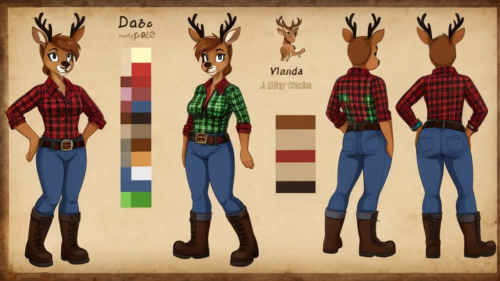 Female deer (doe) wearing a plaid shirt, jeans, boots, and a belt around her waist.

cartoon style, character reference sheet