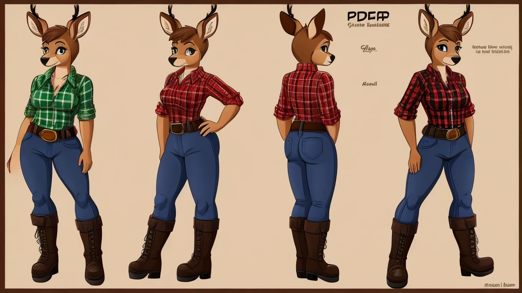 Female deer (doe) wearing a plaid shirt, jeans, boots, and a belt around her waist.

cartoon style, character reference sheet