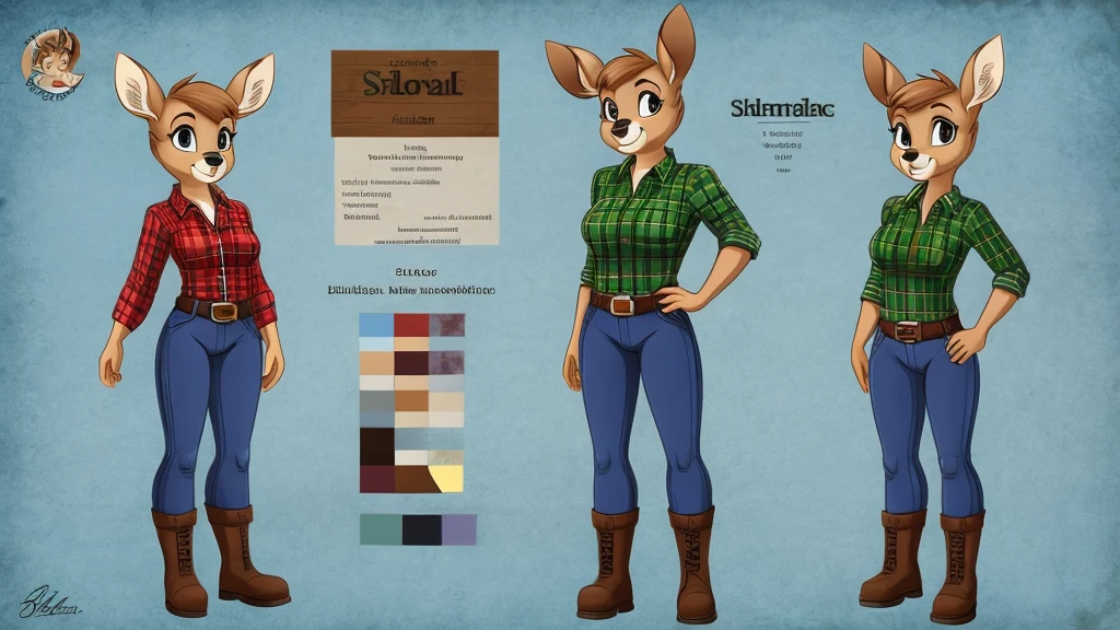 Female deer (doe) wearing a plaid shirt, jeans, boots, and a belt around her waist.
cartoon style, character reference sheet