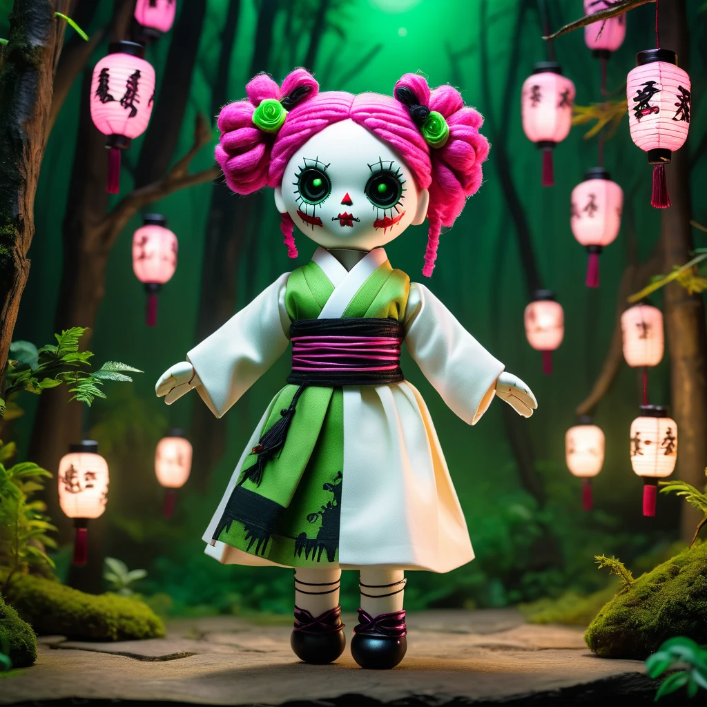 (knitted toy voodoo doll:1.7), (Voodoo Mitsuri Kanroji:1.5), (Clothing white kimono with an open neckline and a black skirt, green knee-highs:1.0), (hair pink on top and green pigtails:1.4), (holds a small sword:1.0), (background:dark mystical forest with glowing lanterns:1.2), (style:creepy, mesmerizing, detailed:1.3), best quality, masterpiece, detailed soft oil painting, detailed background, dramatic cinematic lighting, soft edge lighting, professional, dramatic lighting, hard edge lighting, ultra quality, 4k, masterpiece, best quality, 8k, ultra high definition, high resolution, extremely detailed