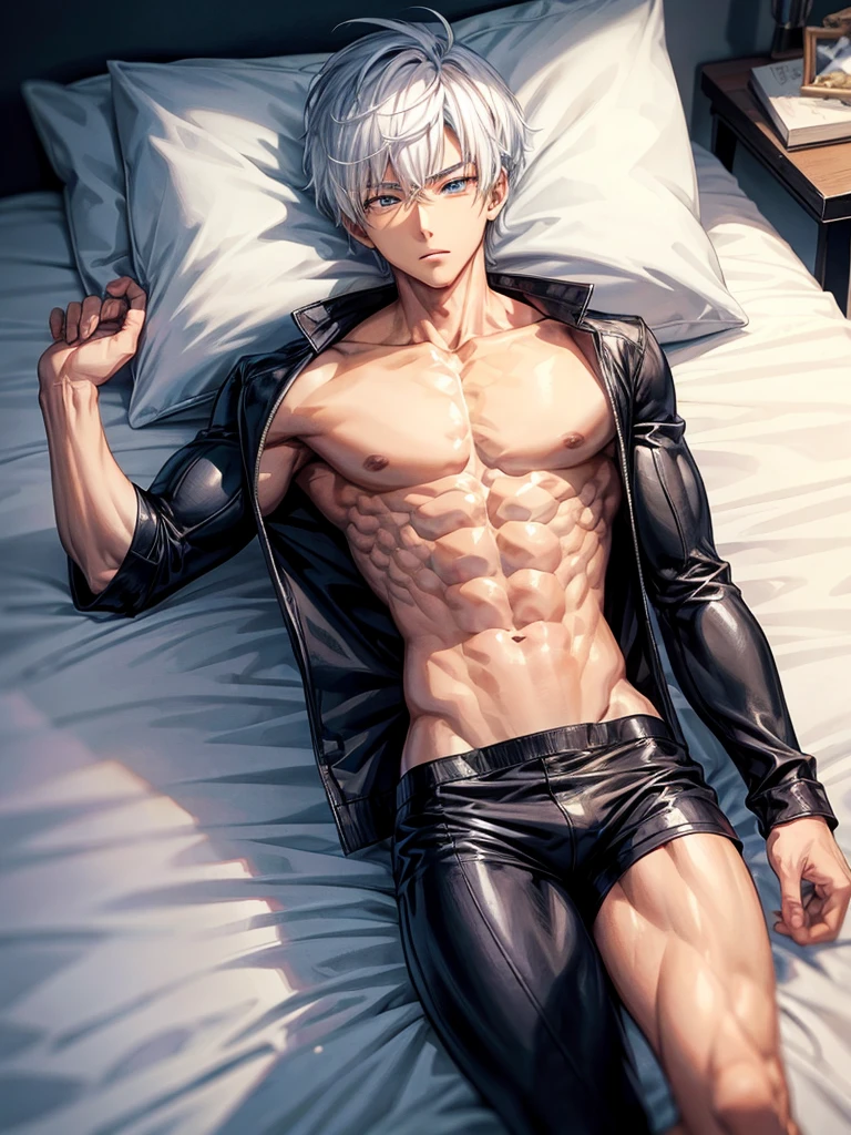 Anime guy about 16 without outerwear. Muscular with 6-pack abs and back. With white hair. Lying on the bed. 