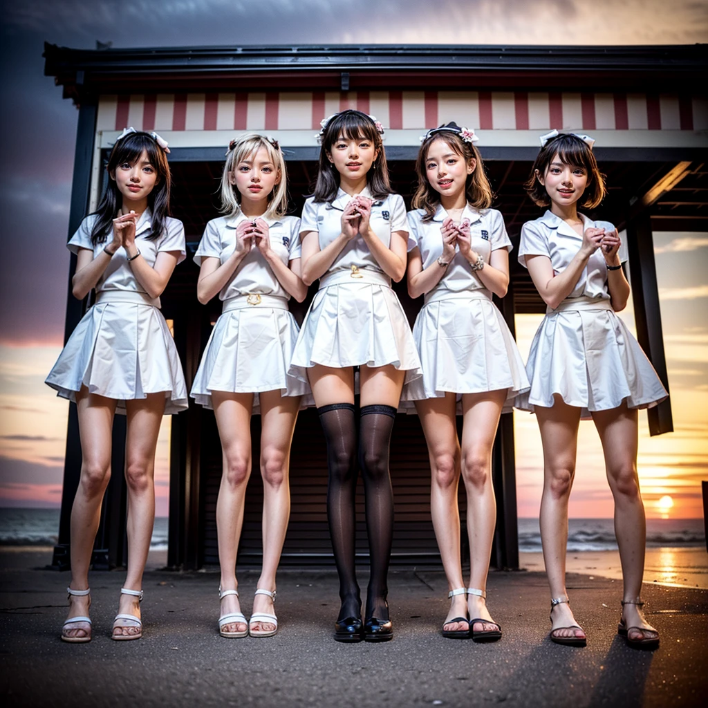 ((ExtremelyDetailed (12 KAWAII Girls in a row:1.37) in WHITE at Dusk Enoshima Beach)), (masterpiece 8K TopQuality) (CommercialPhoto:1.37), {(Standing Full Body:1.2)|(from below:1.2)}, Different types of hair colors, {School Uniform|naked bandage|tutu}, PUNIPUNI, Joyful Expressions LifeLike Rendering, PerfectLighting, (Upskirt:0.22), [RainbowColorHorizon]