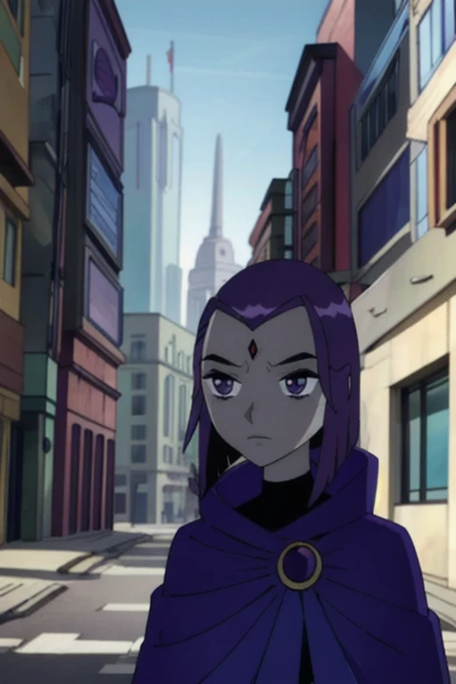 raven (dc), purple eyes, grey skin, forehead jewel, blue. cape, blue cloak, no hands, best quality, masterpiece