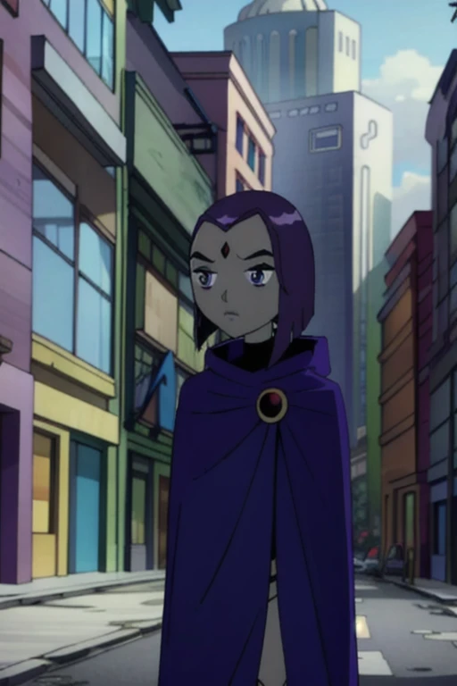 raven (dc), purple eyes, grey skin, forehead jewel, blue. cape, blue cloak, no hands, best quality, masterpiece