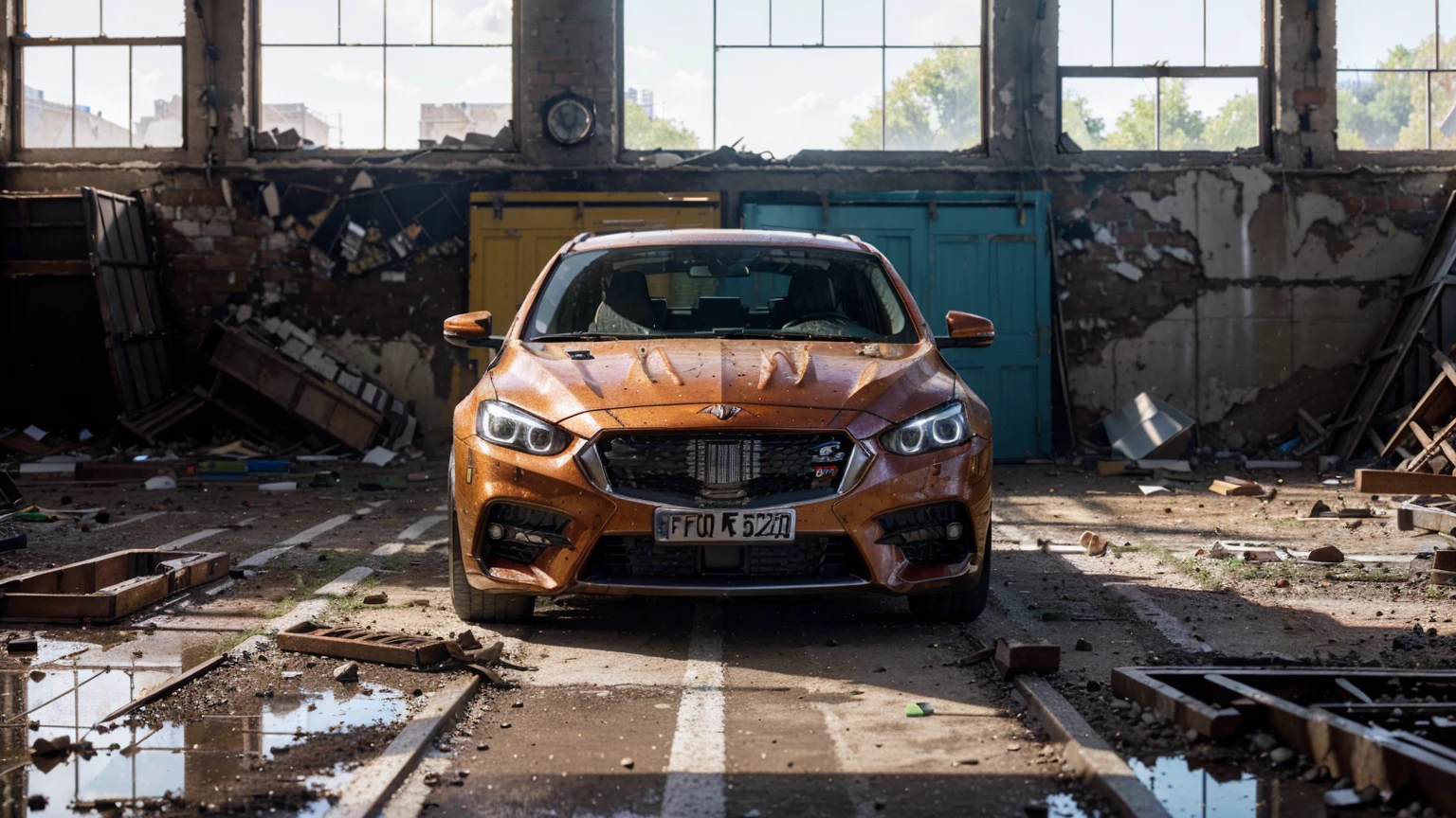 (create an ultra-high definition, hyper-realistic, highly detailed, high-quality image, sharp focus, professional lighting, vivid colors, warm tones and intricate details, representing in detail a abandoned warehouse, rusted metal, grime, oil stains, demolition, rubble, dirt, weathered textures, industrial setting, workshop tools, dirty environment, grease, windows with broken glass with natural sunlight reflecting). Fujifilm XT3 sharp focus, professional lighting, vivid colors, intricate details, film grain, Fujifilm XT3 realistic painting art, f5.6, physically-based rendering, natural lighting, cinematic lighting ,dramatic lighting, professional, dynamic movement, colorful lighting, vibrant colors, studio lighting, professional photography, cinematic composition, symmetrical framing, landscape, Utilize state-of-the-art deep learning models and adjust parameters according to quality metrics such as Structural Similarity (SSIM) and Perceptual Loss to create an image that is indistinguishable from a real, high-quality photograph , fine-tuning, (be creative), (best quality,4k,8k,16k,Highest,masterpiece:1.2),(realistic,photorealistic,photo-realistic:1.37), (extremely detailed CG unit, 16k wallpaper), 16k UHD, 16k HDR, (ultra-high definition, hyper-realistic, highly detailed, high-quality image, sharp focus, professional lighting, vivid colors and intricate details),