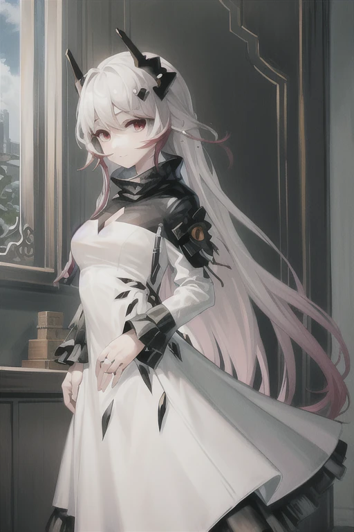 1girl,horns,theresahead,theresa,cowboyshot,white dress