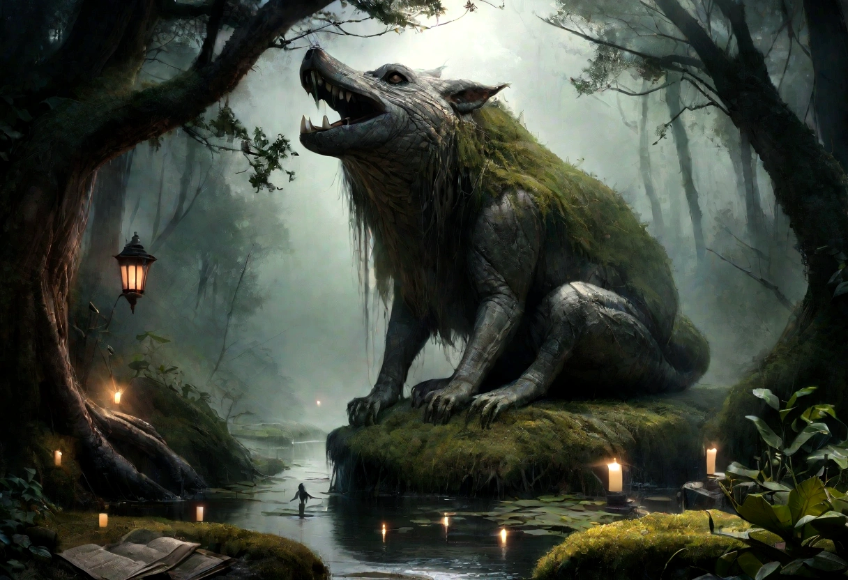 In a horrible fairy-tale swamp under the moonlight, with a traveler (best quality,4k,8k,highres,masterpiece:1.2),ultra-detailed,(realistic,photorealistic,photo-realistic:1.37), HDR, UHD, studio lighting, extreme detail description, professional, vivid colors, bokeh, eerie atmosphere, dark shadows, glowing plants, misty surroundings, mysterious creatures emerging, moonlight reflections on the water, moss-covered rocks, creepy tree branches stretching, thick fog, traveler navigating through the swamp cautiously, intense sense of danger, moonlight illuminating the twisted path, sound of distant howling, muffled croaking of frogs, eerie silence broken by rustling leaves, sinister secrets hidden beneath the murky water surface, dense vegetation creating a claustrophobic ambiance, haunting beauty, ominous energy filling the air, the traveler's terrified expression, clinging to a lantern for limited visibility, worn-out backpack, tattered maps, signs of previous explorers' presence, shivers crawling up the spine, heart pounding, mysterious foggy figures lurking in the distance, paranormal presence, the traveler's footprints slowly disappearing behind, the traveler's desperate escape from the cursed swamp.