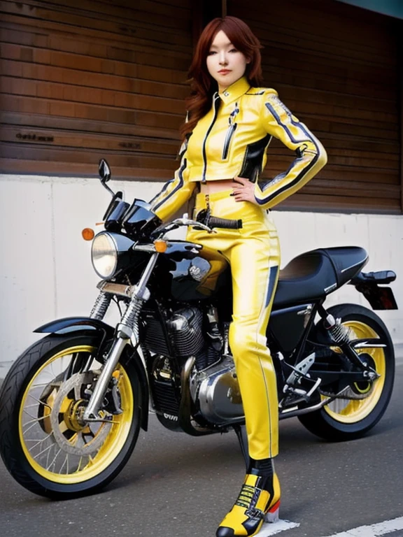 woman in leather jacket sitting on a motorcycle on the street, Wearing a leather biker outfit, motorcycle, riding a motorcycle, sitting on a motorcycle, motorcycles, Motorcycle, Sitting on a cyberpunk motorcycle, riding a motorcycle, Asuka, Ayaka cosplay, 🚿🗝📝, Kasumi Arimura Style 3/4, Russian mixed with Japanese