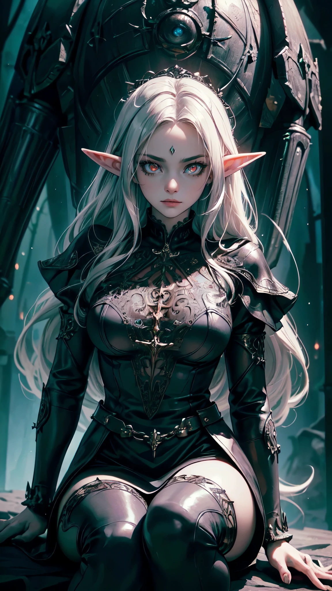 high details, best quality, 16k, [ultra detailed], masterpiece, best quality, (extremely detailed), dynamic angle, ultra wide shot, photorealistic, fantasy art, dnd art, dark fantasy art, realistic art, gothic art, GlowingRunes_red, NeroV2, an ultra wide, full body (intense details, Masterpiece, best quality: 1.5), picture of a female human (1.5 intricate details, Masterpiece, best quality) priestess of death ((pale white magical aura)), controlling a swirling magic (intense details, Masterpiece, best quality: 1.5), manipulating magical sigils (intricate details, Masterpiece, best quality: 1.5), human female, black hair, pale skin, long black hair with pale white aura, black hair with pale touch, azure eyes, pale eyes, intense eyes, ((glowing eyes: 1.5)), black dress (intense details, Masterpiece, best quality: 1.5), red cloak (intense details, Masterpiece, best quality: 1.5), high heeled boots, (intense details, Masterpiece, best quality: 1.5), fantasy dark temple background, ((death worship atmosphere)), high details, depth of field (intense details, Masterpiece, best quality: 1.5),best quality, highres, ultra wide angle. detailed yes, detailed hands, detaild face, elf girl
