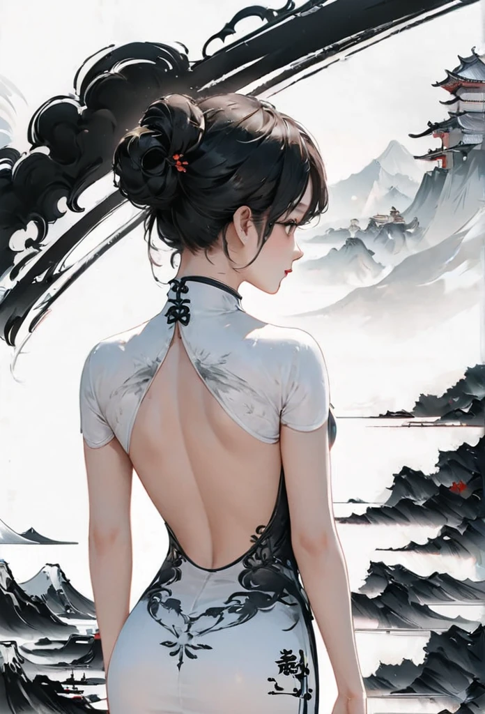 (Lots of white space:1.5)，(Lots of white space around:1.6), White background, simple, Minimalism, abstract,Freehand，Aesthetic，black and white，Ink Painting，antiquity，a mountain，A cheongsam in the distance，(Back:1.7),A beautiful artistic illustration, author：Li Song, art in the style of Guweiz, arte shin jinyoung, Masterpiece by Guweiz, Ross chart 1. 0, Beautiful digital illustrations, Inspired by non-WLOP, Cute and cute digital art, jingna zhang, Guweiz, Stunning digital illustrations